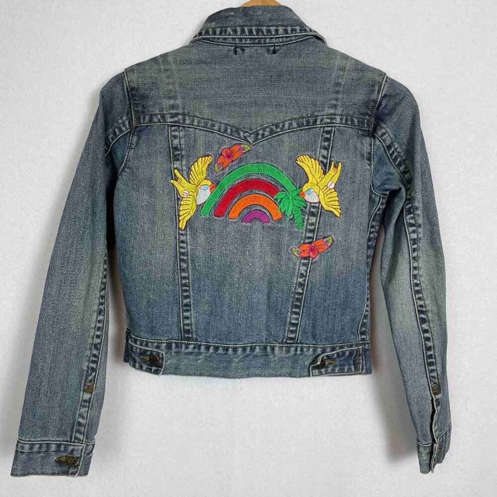 ARCHANGEL Vintage Distressed Embroidered Boho Denim Jacket Womens Size M